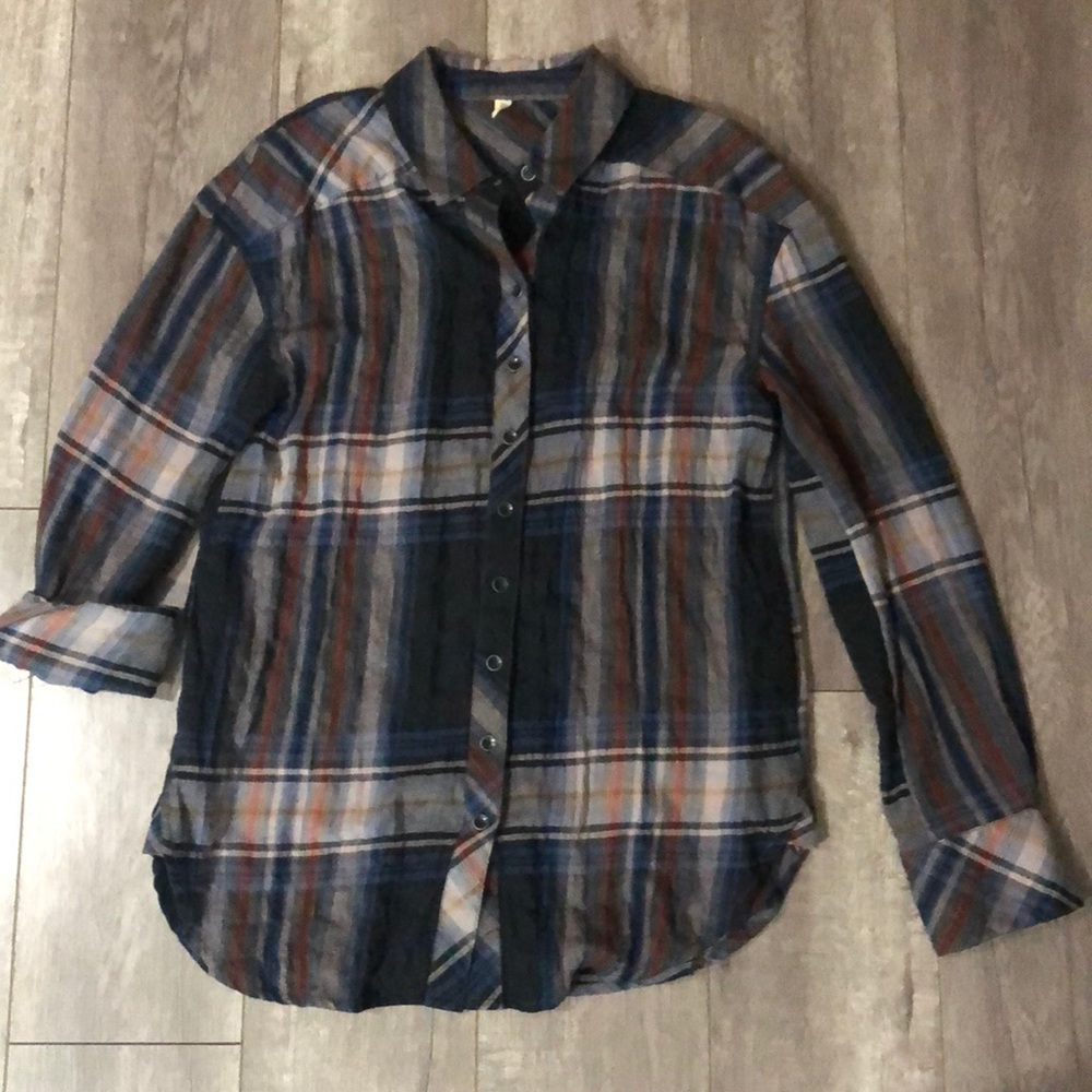 Free People Navy Blue Multi-Color Plaid Button-Down Shirt